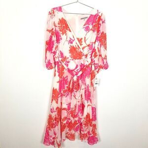 Danny & Nicole Women ‎ Cream Pink Floral 3/4 Puff Sleeve Wrap Midi Dress Sz 22W